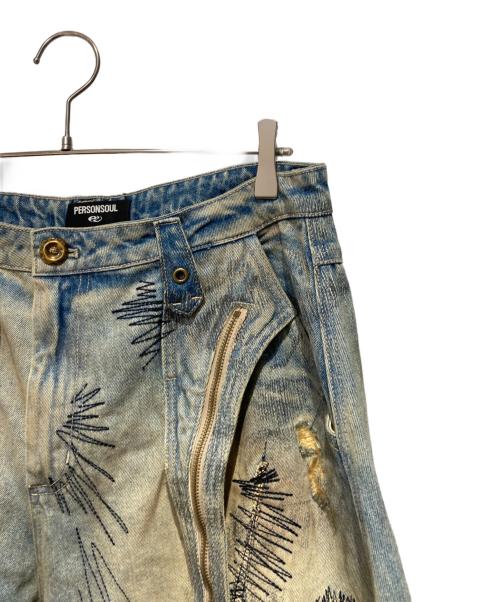 PERSONSOUL（パーソンソウル）PERSONSOUL (パーソンソウル) STAIN EMBROIDERY CURVED JEANS ブルー サイズ:XXLの古着・服飾アイテム