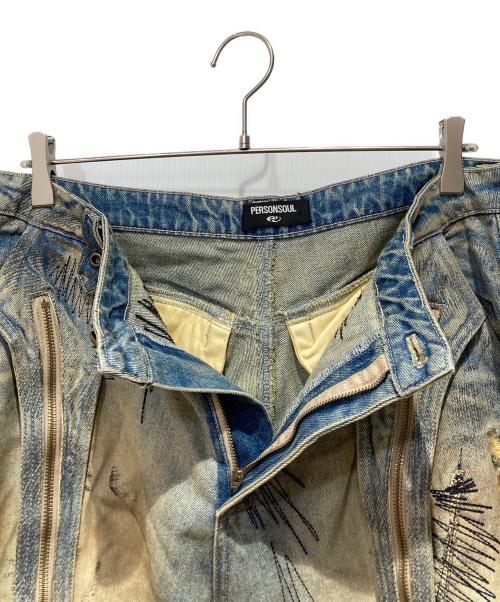 PERSONSOUL（パーソンソウル）PERSONSOUL (パーソンソウル) STAIN EMBROIDERY CURVED JEANS ブルー サイズ:XXLの古着・服飾アイテム