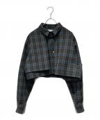 CULLNIクルニ）の古着「Wool Check Cross Weave Asymmetrical Cropped Chin Tab Shirt」｜ブラック×グリーン