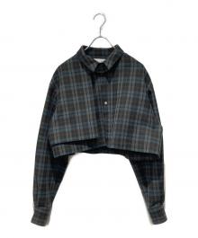 CULLNI（クルニ）の古着「Wool Check Cross Weave Asymmetrical Cropped Chin Tab Shirt」｜ブラック×グリーン