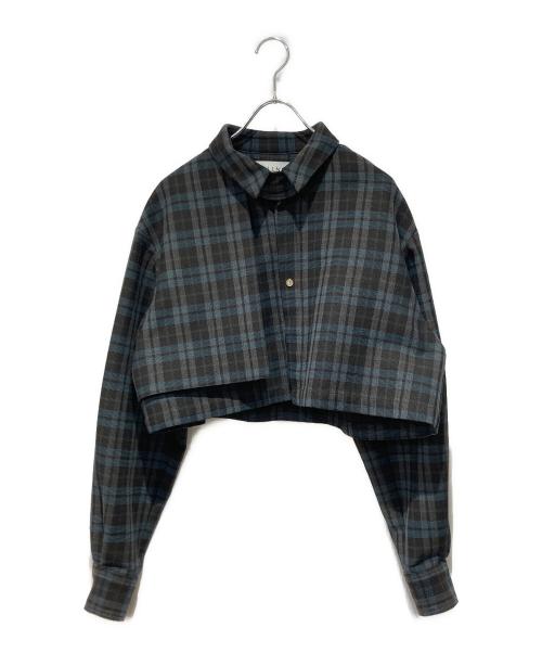 CULLNI（クルニ）CULLNI (クルニ) Wool Check Cross Weave Asymmetrical Cropped Chin Tab Shirt ブラック×グリーン サイズ:2の古着・服飾アイテム