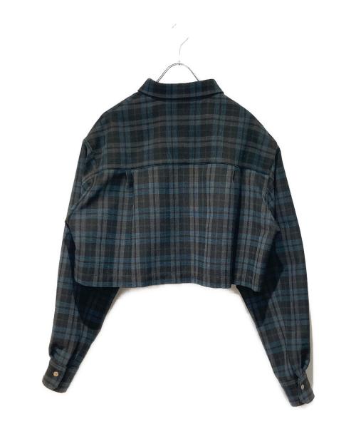 CULLNI（クルニ）CULLNI (クルニ) Wool Check Cross Weave Asymmetrical Cropped Chin Tab Shirt ブラック×グリーン サイズ:2の古着・服飾アイテム