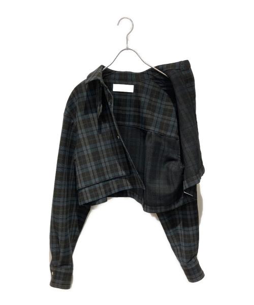 CULLNI（クルニ）CULLNI (クルニ) Wool Check Cross Weave Asymmetrical Cropped Chin Tab Shirt ブラック×グリーン サイズ:2の古着・服飾アイテム
