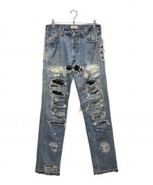 INNOCENCENYC（イノセンスニューヨーク）の古着「DESTROY LEATHER DENIM PANTS」｜ブルー