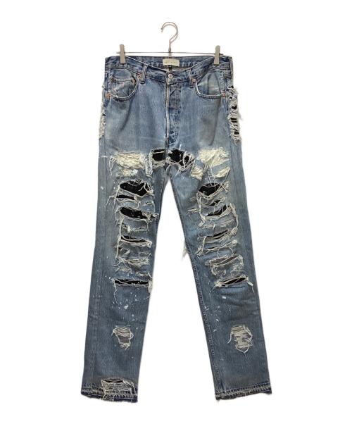 INNOCENCENYC（イノセンスニューヨーク）INNOCENCENYC (イノセンスニューヨーク) DESTROY LEATHER DENIM PANTS ブルー サイズ:33の古着・服飾アイテム