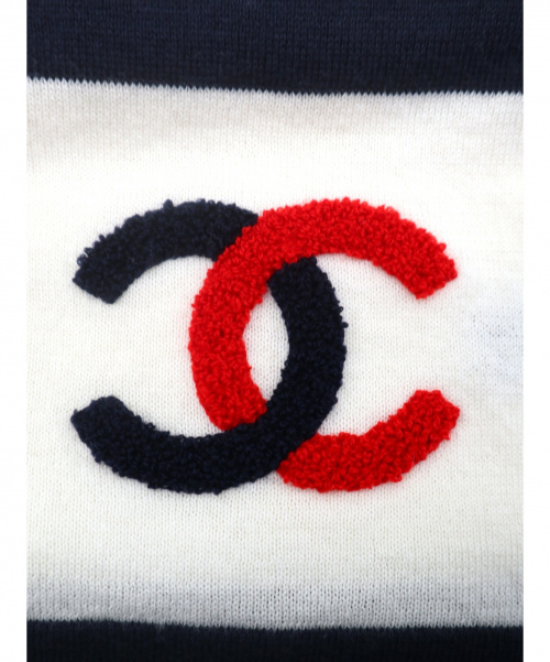 CHANEL（シャネル）CHANEL (シャネル) ココマークコットンカシミヤマフラー ホワイト×ネイビーの古着・服飾アイテム