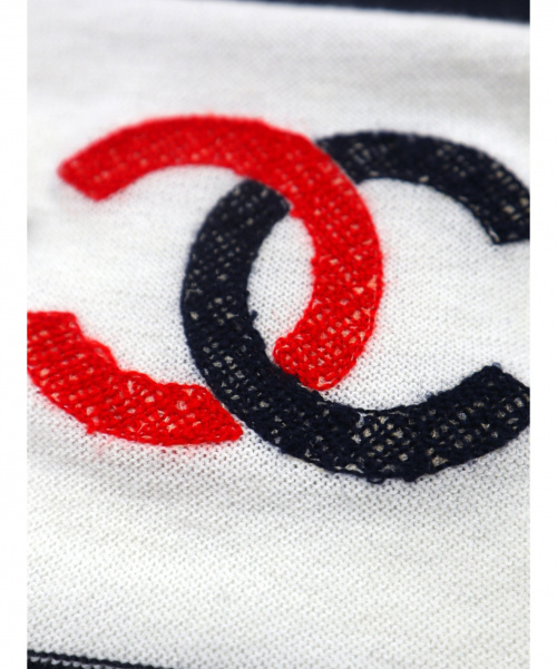 CHANEL（シャネル）CHANEL (シャネル) ココマークコットンカシミヤマフラー ホワイト×ネイビーの古着・服飾アイテム