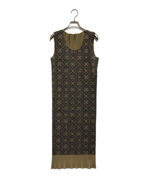 PLEATS PLEASE（プリーツプリーズ）PLEATS PLEASE (プリーツプリーズ) プリーツ総柄ワンピース ブラック×ベージュ サイズ:SIZE3の古着・服飾アイテム