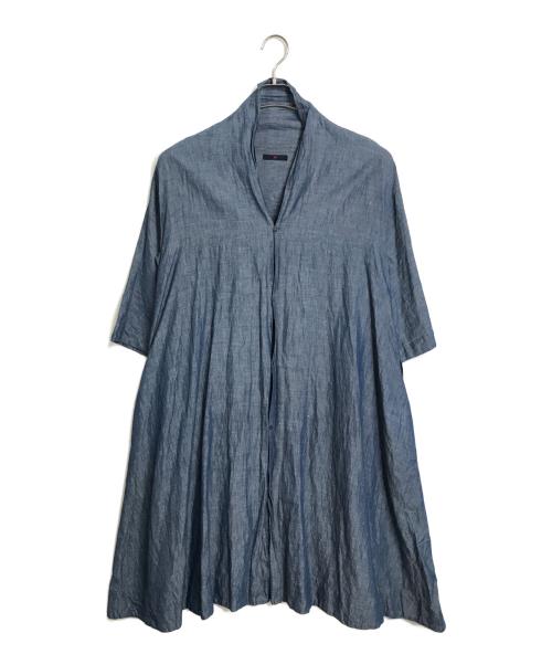 45R（フォーティファイブ・アール）45R (フォーティーファイブアール) ブラウスワンピース　リネンワンピース　ロングワンピース　七分丈ワンピース　日本製 インディゴの古着・服飾アイテム