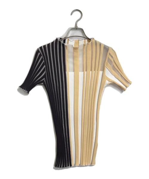 UNITED TOKYO（ユナイテッドトーキョー）UNITED TOKYO (ユナイテッドトーキョー) ランダムシースルーリブプルオーバー　半袖カットソー　デザイントップス　シアー　日本製　石川県 ブラウン×ホワイト サイズ:FREEの古着・服飾アイテム