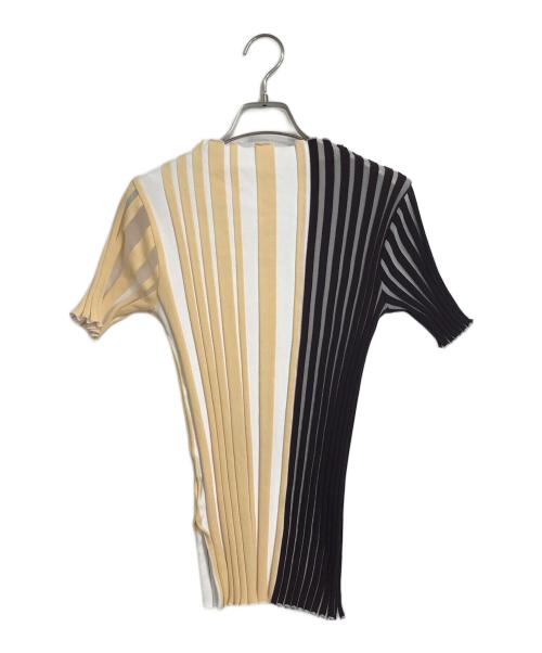 UNITED TOKYO（ユナイテッドトーキョー）UNITED TOKYO (ユナイテッドトーキョー) ランダムシースルーリブプルオーバー　半袖カットソー　デザイントップス　シアー　日本製　石川県 ブラウン×ホワイト サイズ:FREEの古着・服飾アイテム