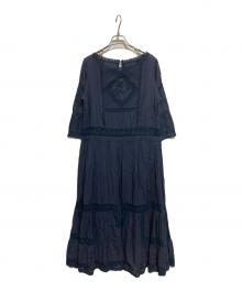 PINK HOUSE（ピンクハウス）の古着「レース切替ピンタックブラウスワンピース」｜ネイビー