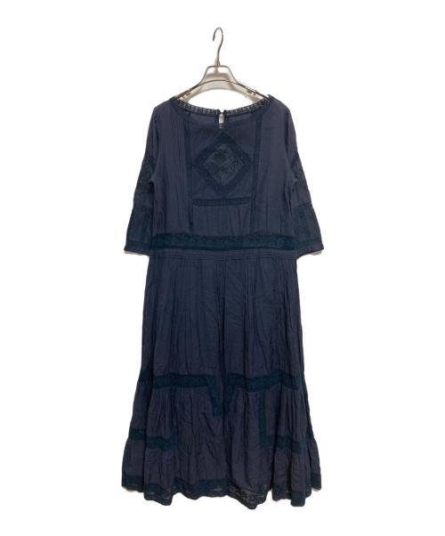 PINK HOUSE（ピンクハウス）PINK HOUSE (ピンクハウス) レース切替ピンタックブラウスワンピース ネイビー サイズ:FREEの古着・服飾アイテム