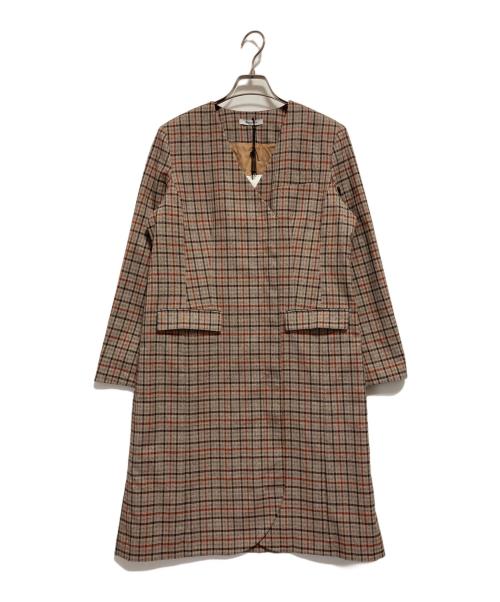 Aquascutum（アクアスキュータム）Aquascutum (アクアスキュータム) ノーカラーチェックコート ベージュ サイズ:Mの古着・服飾アイテム