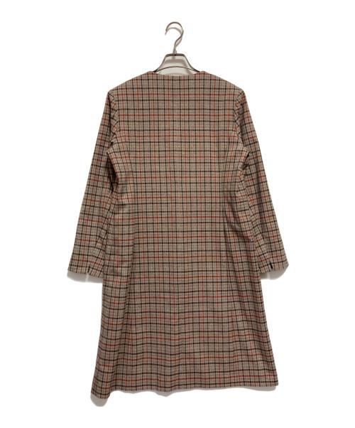 Aquascutum（アクアスキュータム）Aquascutum (アクアスキュータム) ノーカラーチェックコート ベージュ サイズ:Mの古着・服飾アイテム