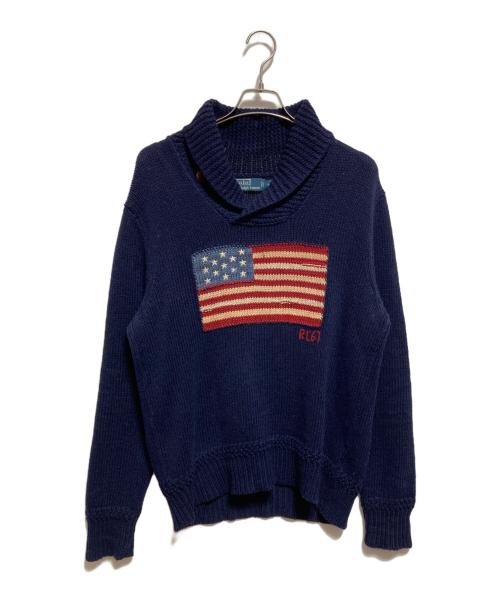 POLO RALPH LAUREN（ポロ・ラルフローレン）POLO RALPH LAUREN (ポロ・ラルフローレン) 星条旗柄ショールカラーニット ネイビー サイズ:XLの古着・服飾アイテム