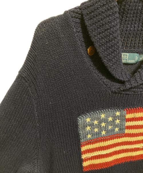 POLO RALPH LAUREN（ポロ・ラルフローレン）POLO RALPH LAUREN (ポロ・ラルフローレン) 星条旗柄ショールカラーニット ネイビー サイズ:XLの古着・服飾アイテム
