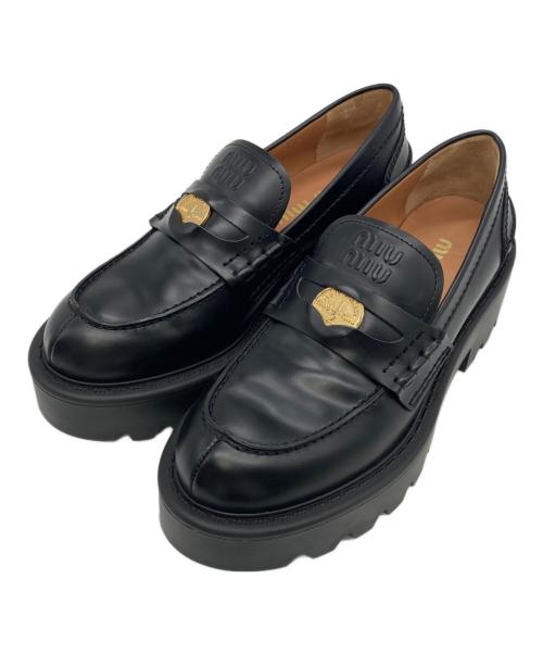 MIU MIU（ミュウミュウ）MIU MIU (ミュウミュウ) ブラッシュドレザー ローファー ブラック サイズ:37の古着・服飾アイテム