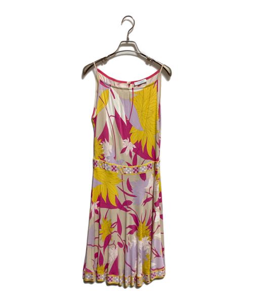 Emilio Pucci（エミリオ プッチ）Emilio Pucci (エミリオ プッチ) 総柄レーヨンキャミソールワンピース ピンク×イエロー サイズ:38の古着・服飾アイテム