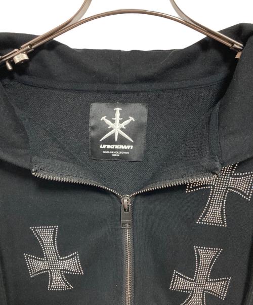 unknown（アンノーン）unknown (アンノーン) クロスラインストーンジップアップパーカー ブラック サイズ:Mの古着・服飾アイテム