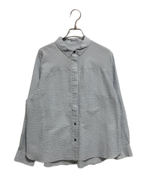 HUMAN WOMAN（ヒューマンウーマン）HUMAN WOMAN (ヒューマンウーマン) パナマサッカーストライプシャツブラウス ブルー×グレー サイズ:M 未使用品の古着・服飾アイテム