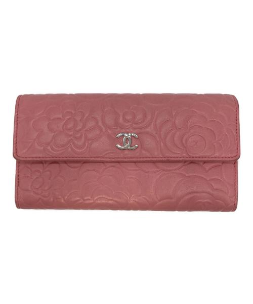 CHANEL（シャネル）CHANEL (シャネル) カメリア モチーフ ラウンド ファスナー ウォレット 長財布 ピンクの古着・服飾アイテム