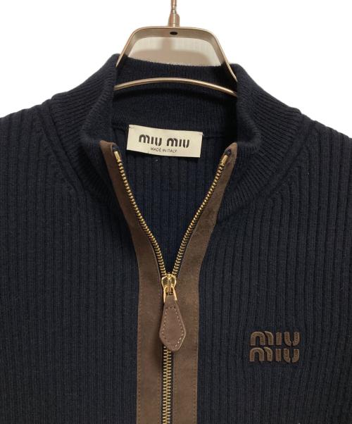 MIU MIU（ミュウミュウ）MIU MIU (ミュウミュウ) カシミアxレザー ジッパーカーディガン ネイビー サイズ:40の古着・服飾アイテム