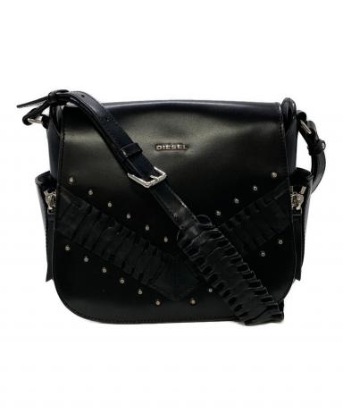 【DIESEL】ショルダーバッグ ジップデザイン レザー スタッズ ブラック 黒 中古・古着通販】DIESEL (ディーゼル) スタッズレザーショルダーバッグ