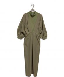 Ameri（アメリ）の古着「MEDI OFF SHOULDER PUFF SLEEVE DRESS」｜ベージュ×カーキ
