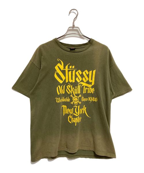 stussy（ステューシー）stussy (ステューシー) Old Skull Tribe tシャツ グリーン×イエロー サイズ:XLの古着・服飾アイテム