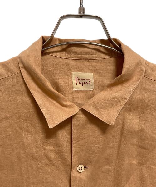 PAPAS（パパス）PAPAS (パパス) ロゴ刺繍リネンオープンカラーシャツ ブラウン サイズ:Mの古着・服飾アイテム