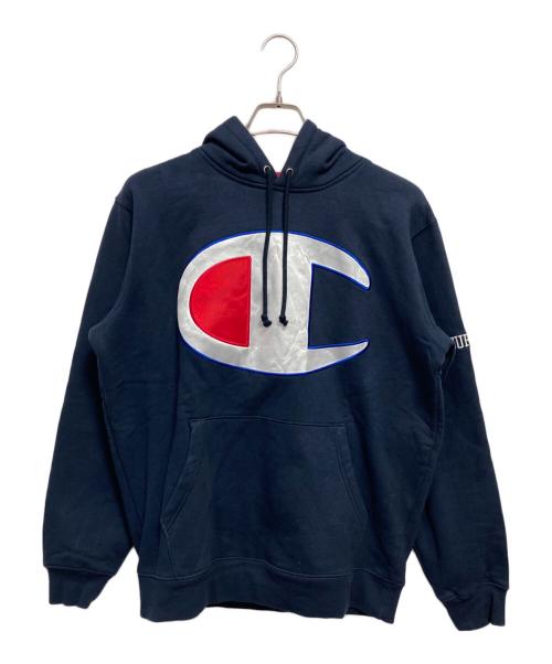 Champion（チャンピオン）Champion (チャンピオン) Supreme (シュプリーム) 17SS Satin Logo Hooded Sweatshirt ネイビー サイズ:Mの古着・服飾アイテム