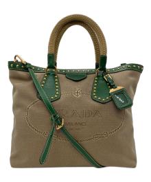 PRADA（プラダ）の古着「ロゴジャガード 2WAYトートバッグ」｜ベージュ・グリーン