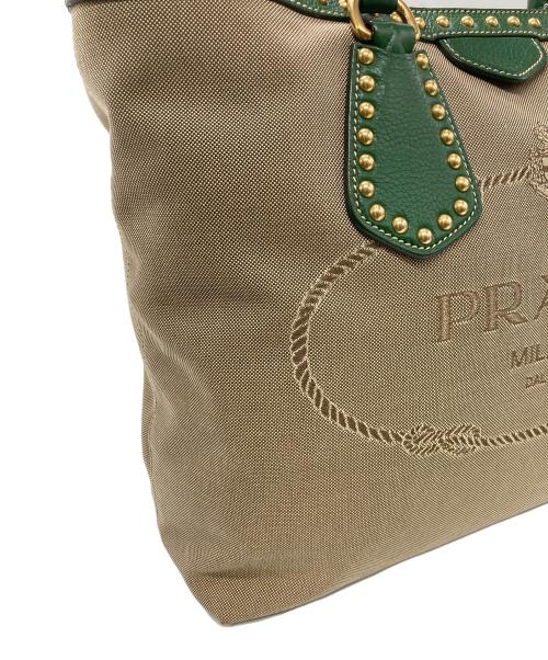 PRADA（プラダ）PRADA (プラダ) ロゴジャガード 2WAYトートバッグ ベージュ・グリーンの古着・服飾アイテム