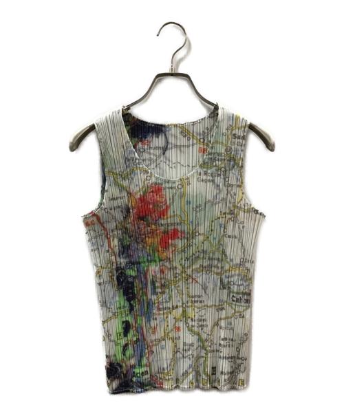 PLEATS PLEASE（プリーツプリーズ）PLEATS PLEASE (プリーツプリーズ) 世界地図柄 ノースリーブプリーツカットソー グレー サイズ:3の古着・服飾アイテム
