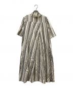 KAIKIカイキ）の古着「リネンコットンストライプビッグタックフレアOP」｜ベージュ