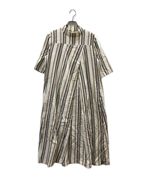 KAIKI（カイキ）KAIKI (カイキ) リネンコットンストライプビッグタックフレアOP ベージュ サイズ:FREEの古着・服飾アイテム