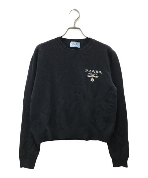 PRADA（プラダ）PRADA (プラダ) インターシャロゴ ウール カシミヤニット ネイビー サイズ:Mの古着・服飾アイテム