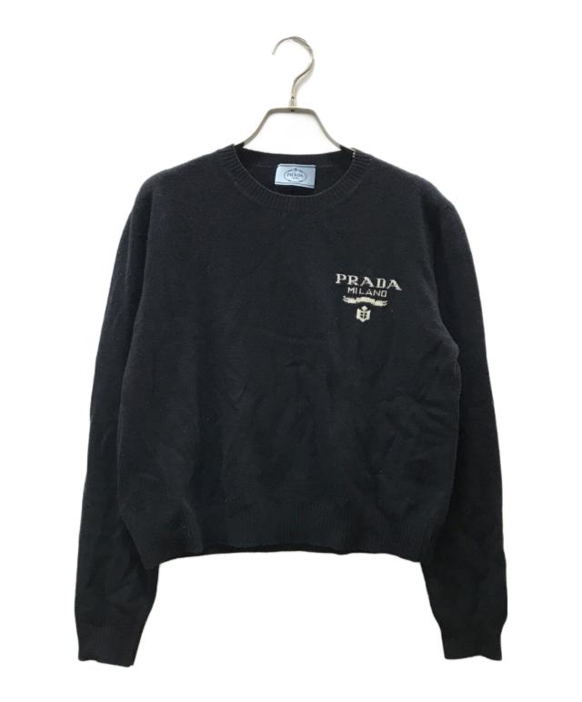 Prada, PRADA インターシャロゴ ウール カシミヤニット ネイビー
