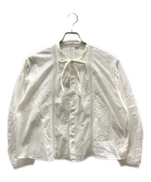 45R（フォーティファイブ・アール）45R (フォーティーファイブアール) インドカディ レースのリボンブラウス ホワイト サイズ:Mの古着・服飾アイテム