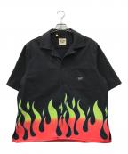GALLERY DEPTギャラリー デプト）の古着「ファイヤーパターン半袖オープンカラーシャツ」｜ブラック