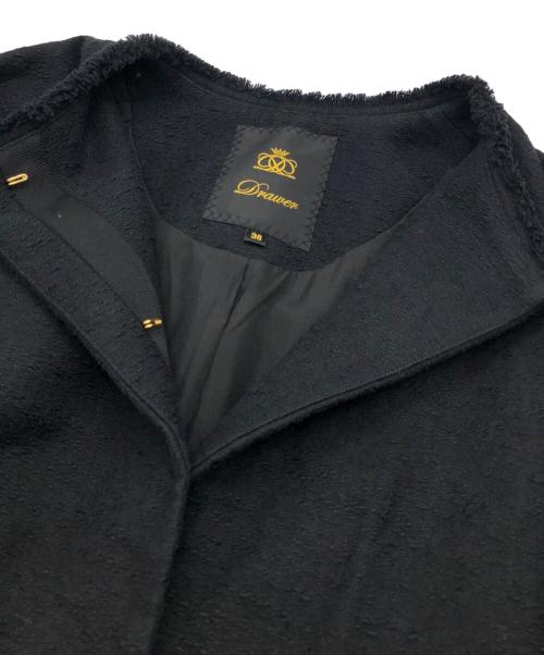 DRAWER（ドゥロワー）Drawer (ドゥロワー) ツイードフリンジノーカラージャケット ブラック サイズ:38の古着・服飾アイテム