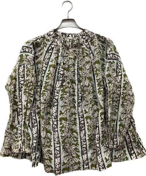 45R（フォーティファイブ・アール）45R (フォーティファイブ・アール) インドストライプフラワーブロックプリントのスモックブラウス グリーン サイズ:FREEの古着・服飾アイテム