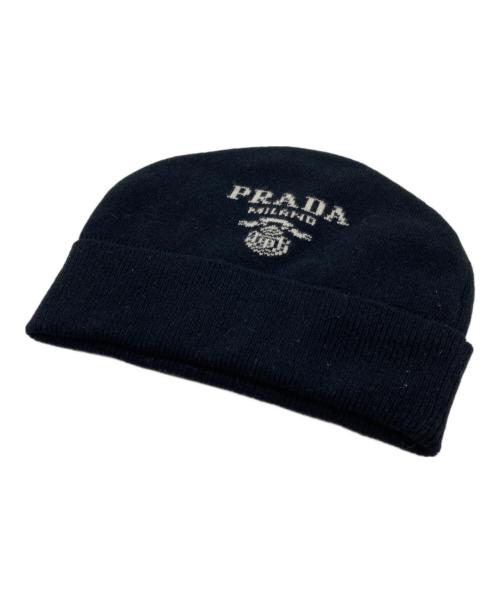 PRADA（プラダ）PRADA (プラダ) カシミヤ混ロゴニット帽 ブラックの古着・服飾アイテム