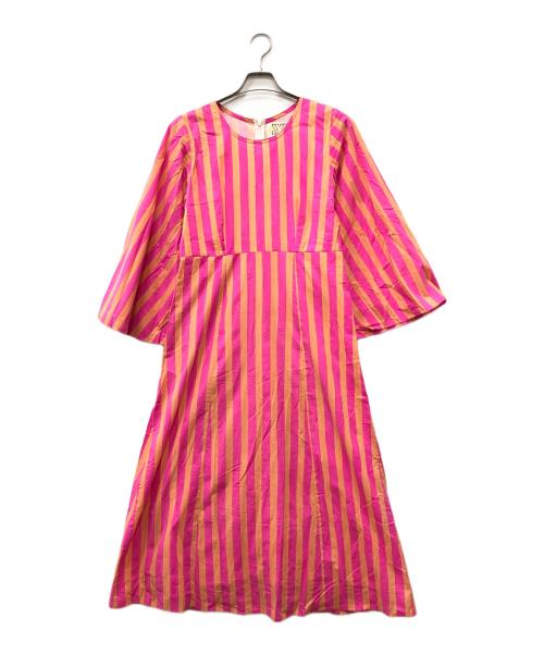 blockprints（ブロックプリント）BLOCKPRINTS (ブロックプリント) スティーブ シックストライプ フレアスリーブドレス ピンク サイズ:Mの古着・服飾アイテム