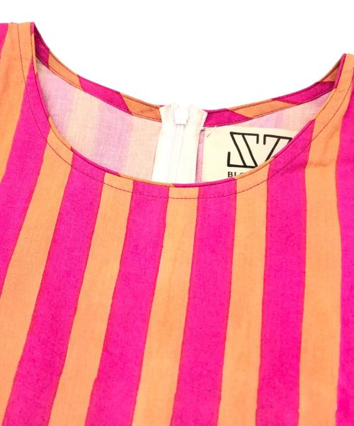 blockprints（ブロックプリント）BLOCKPRINTS (ブロックプリント) スティーブ シックストライプ フレアスリーブドレス ピンク サイズ:Mの古着・服飾アイテム