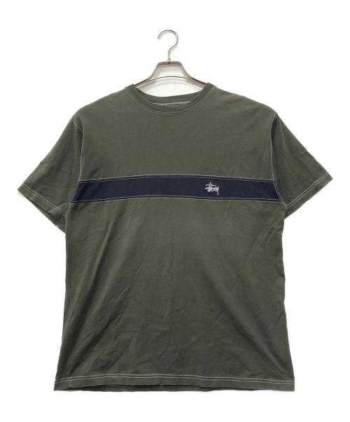 stussy（ステューシー）stussy (ステューシー) OLD ロゴラインTシャツ グリーン×ネイビー サイズ:Lの古着・服飾アイテム