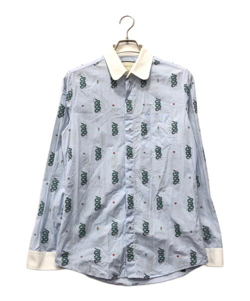 GUCCI（グッチ）GUCCI (グッチ) スネーク刺繍マイクロチェック長袖ボタンシャツ ブルー サイズ:15/38の古着・服飾アイテム