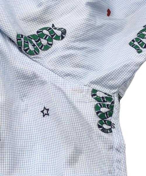 GUCCI（グッチ）GUCCI (グッチ) スネーク刺繍マイクロチェック長袖ボタンシャツ ブルー サイズ:15/38の古着・服飾アイテム