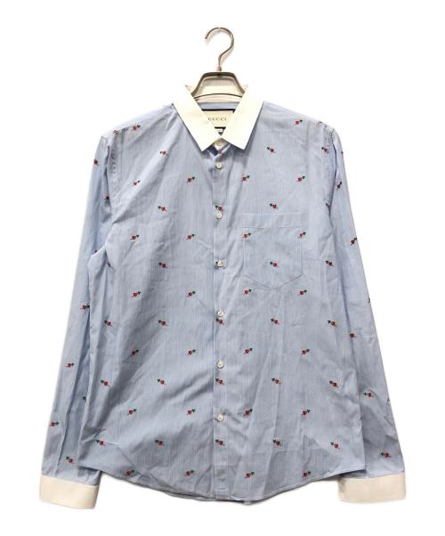 GUCCI（グッチ）GUCCI (グッチ) 長袖ハート柄ストライプシャツ ブルー サイズ:15 3/4-40の古着・服飾アイテム
